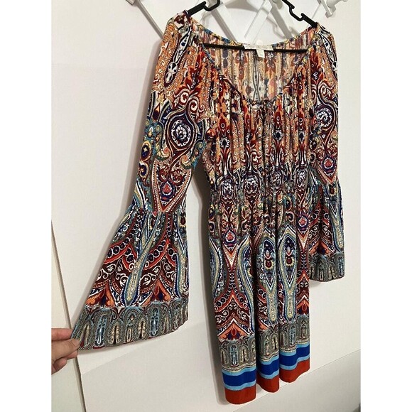 Boston Proper Womans Dress Sz 4 Multicolor Gypsy Boho Smocked Waist Bell Sleeve - Picture 4 of 10
